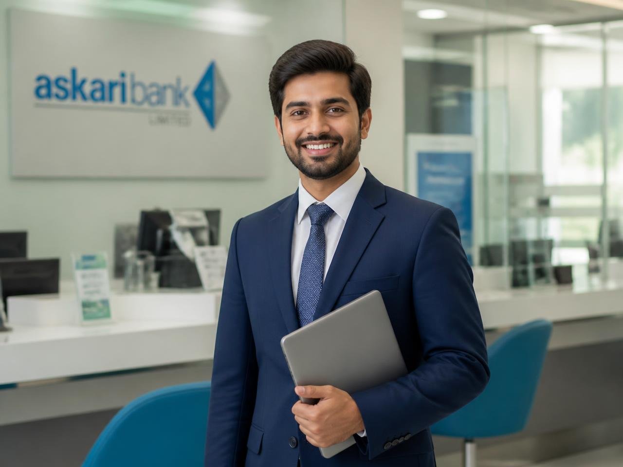 A happy DataUpto graduate working at a bank branch in Pakistan